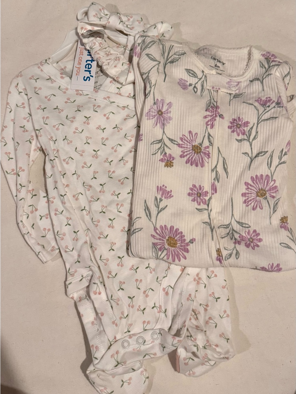 Carter's White Floral Cotton Pajama Set with Pink and Green Accents